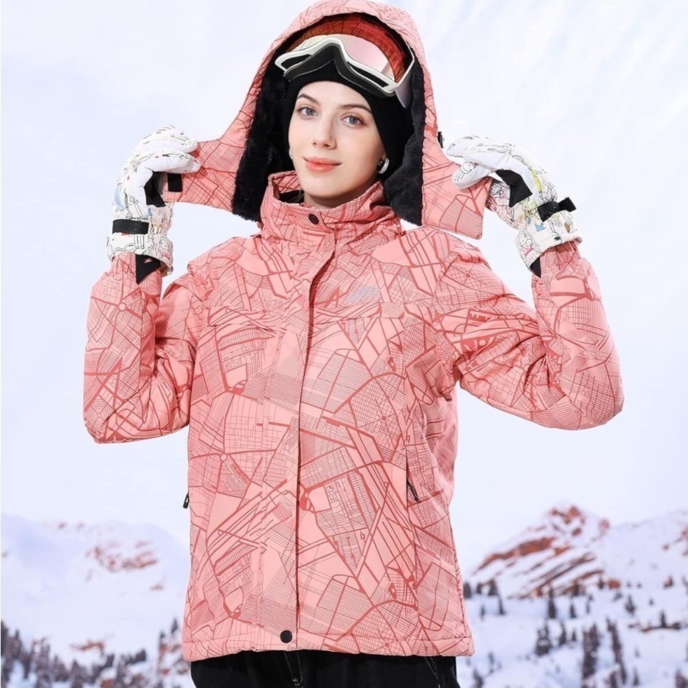 Winter Jacket Geo Print Zip Up Hooded Snow Coat Coral Pink Size Small